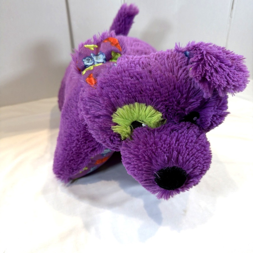 Pillow Pets Purple Puppy Dog Plush 16" Green Eye Gummy Bear Print Stuffed Toy